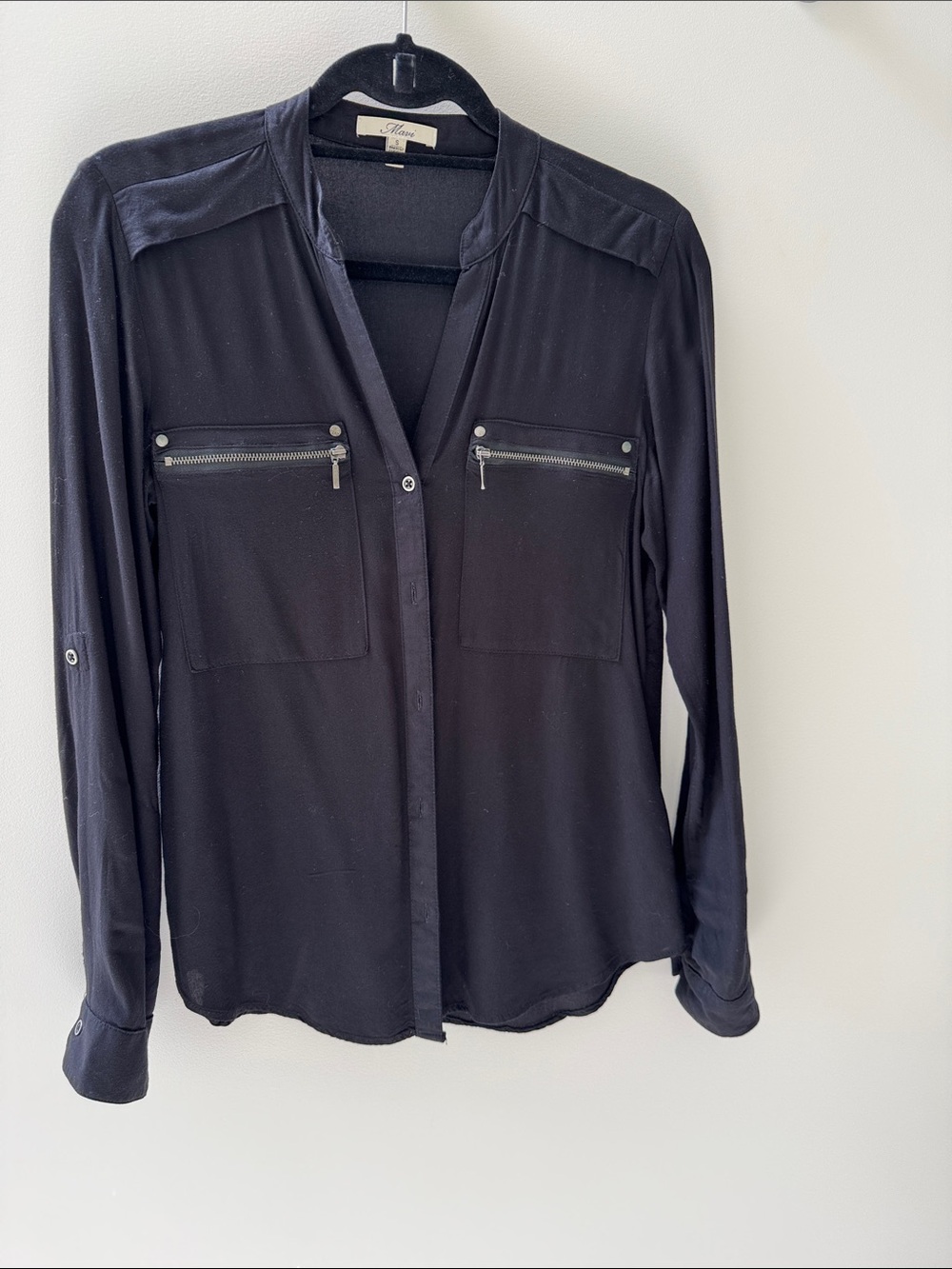 Mavi Black Long-Sleeve Button-Down Shirt with Zip Chest Pockets